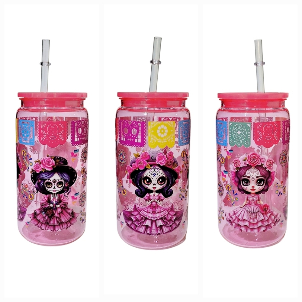 Catrina Sugar Skull Colorful Floral Acrylic Plastic Tumbler 16oz Pink